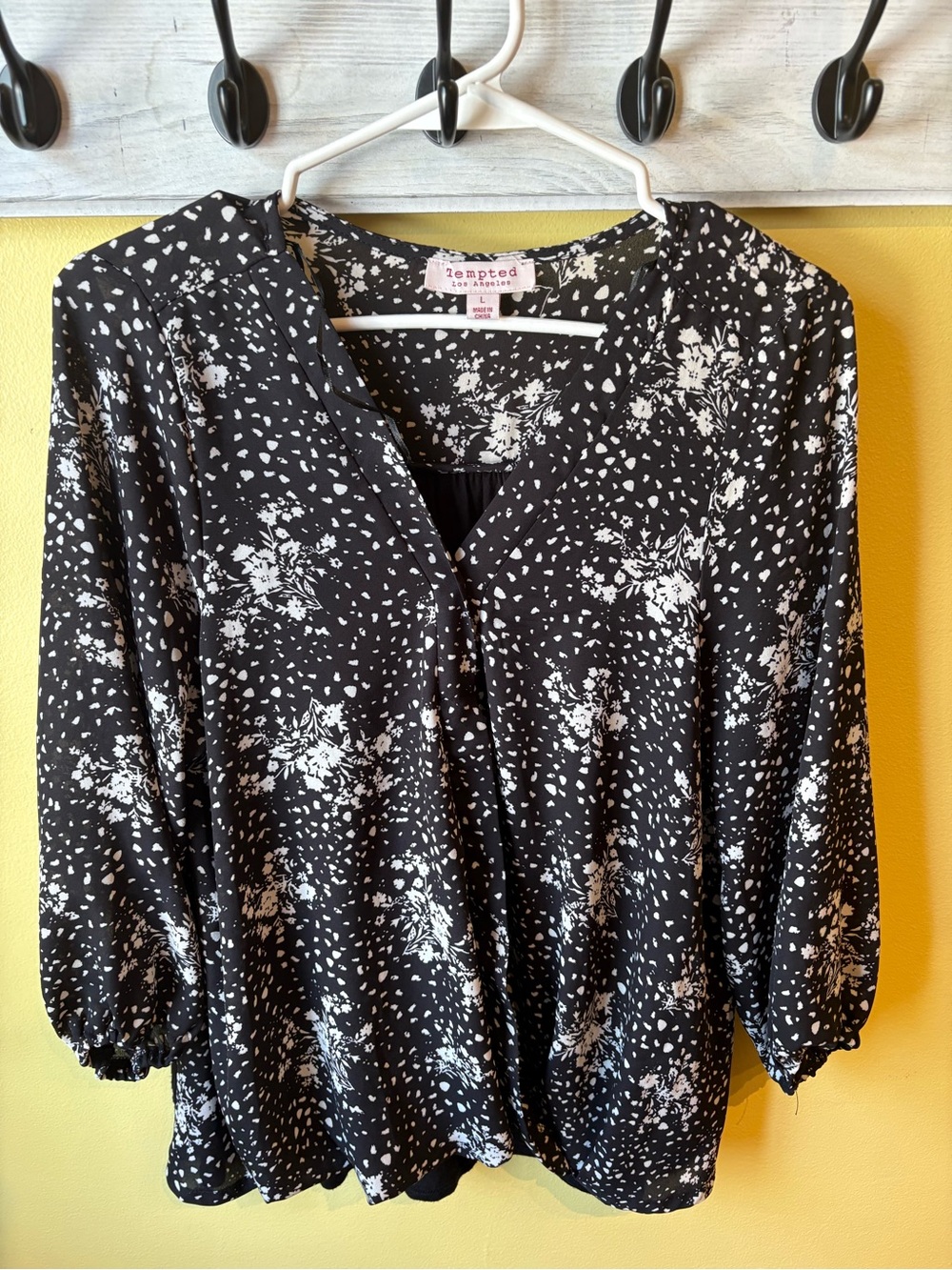 Tempted Black and White Floral V-Neck Blouse